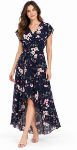 Eliza J Navy Blue Floral Print Cap Sleeve V-Neck High Low Maxi Dress Photo 0