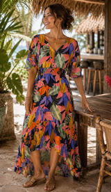 Abel The Label Tropical Floral High Low Maxi Dress Smocked Waist Womens Small‎ Photo 0