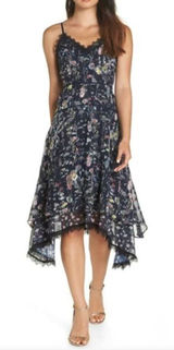 FOXIEDOX Carolina Floral‎ Midi Lace Trim Dress Blue Whimsy Asymmetrical Hem Sz 8 Photo 0