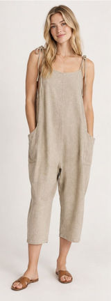 Altar’d State Linen Blend Tie-Shoulder Jumpsuit Oatmeal Size XL Photo 0