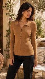 Maeve by Anthropologie Ribbed Knit‎ Polo Sweater Camel Long Sleeve Buttons Small Photo 0