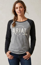 Ariat‎ REAL Women L Large Baseball Tee Shirt Grey Black Raglan Long Sleeve Logo Photo 0