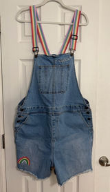 Denim Rainbow Stripe queen embroidered Overalls cut off Shorts women’s size XL Photo 0