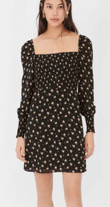 Maje Rithik Black Camel Floral Smocked Mini Dress Size 36 US 4 Small Photo 0