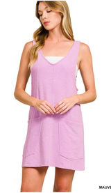 Zenana NEW Washed Slub Overall Adjustable Mini Dress Mauve Pocket Dress S M Photo 0