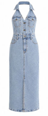 Gianni Bini Denim Halter‎ Maxi Dress Womens XS Light Wash Western Y2K Festival Photo 0