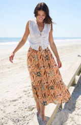 Christian Siriano New York Midi Tiered Smocked Skirt Size XS Boho Festival Tan Photo 0