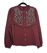 Zara Burgundy Embroidered Cotton Blouse Ruffle Neck Boho Top L 7200/228/681 Photo 0