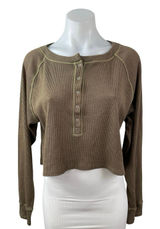Free People Early Night Contrast Stitch Cropped Henley Waffle Knit Thermal Top L Photo 0