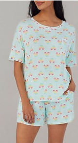 Disney 2 Piece Rainbow Mickey Print Summer Pajama Set in Aqua Mint. EUC. Stretchy and super soft. Short sleeve top with shorts. Oversized fit on top. Top: 21” bust 21.5” long. Pants: 13-17” waist 10.5” rise 4.5” inseam LGBTQIAS+ Photo 0