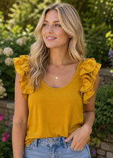 Ulla Johnson‎ Koa Ribbed Knit Top Golden Yellow Ruffle Sleeve Feminine Dainty L Photo 0