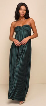 Lulus Whimsical Beauty Emerald Green Satin Plisse Strapless Maxi Dress - Size L Photo 0