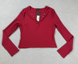 S.DEER Henley Crop Top Womens XL Ribbed Burgundy Long Sleeve Button Front NWT Photo 0