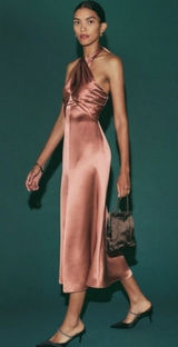 Reformation Maddison Silk Dress Praline Pink Brown Halter Midi Womens 12 NEW Photo 0