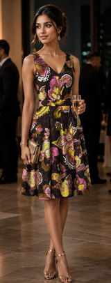 Tory Burch Silk Metallic Paisley Floral V-Neck Fit & Flare Cocktail Dress 4 Photo 0