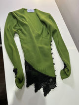 Melony New York Green Ribbed Knit Top -‎ Lace Trim - Flawed/TLC Fine Merino Wool Photo 0