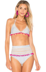 TULAROSA Nina High Waisted‎ Bikini Set Blue White Stripe Pink Pom Poms XS Photo 0