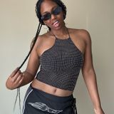 Zara Black Mesh Silver Studded Halter Crop Top Size Small Photo 0