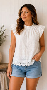 Jennifer & Grace White Eyelet Blouse Embroidery Ruffle Cap‎ Sleeve XL NWT Photo 0