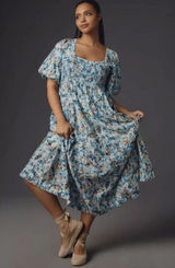 Anthropologie Floral Print Blue Midi Dress Puff‎ Sleeve Smocked Casual Size XS Photo 0