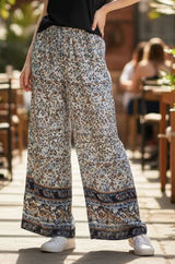 Indero Blue Floral Wide Leg Boho Pull On‎ Straight Leg Trousers Pant L/XL Photo 0
