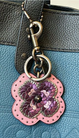 Coach Leather Sequin Applique Tea Rose Key Ring Bag Charm, Pink / Purple, 32677 Photo 0