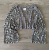 Y2K Silver Sequin Open Knit Crochet Bolero Shrug Crop Cardigan Bell Sleeve Photo 0