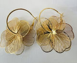 Anthropologie Gold plated hollow floral wire hoop earrings Large Vintage Style Womens Jewelry Photo 0