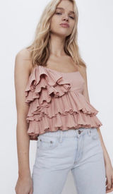 Zara XS Blush Pink Pleated Layered Ruffle Asymmetrical Cami Crop romantic Top Photo 0