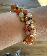 Boho Cluster Bead Wrap Stretch Bracelet, Earth Tones -Orange & Cream Photo 0