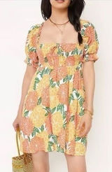 House of Harlow‎ 1960 Smocked Linen Dress Orange Flower Print Mini Size XS Photo 0