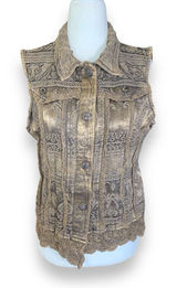 Vintage Flashback‎ Vest Metallic Brown Floral Detail Lace Embroidered High Neck Photo 0