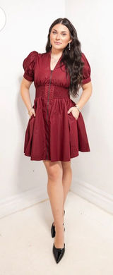 New With Tags Entro Avara Puff Sleeve Zip Front Burgundy Dress Sz S Photo 0