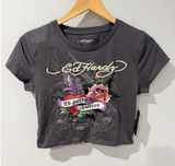 Ed Hardy‎ Rose Heart Rhinestone Charcoal Crop T-Shirt Retro Y2K NWT R Photo 0