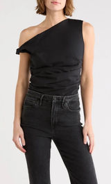 Good American One-Shoulder Poplin Top in Black. Size Large Photo 0