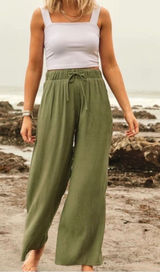 Abercrombie & fitch crinkle‎ textured gauze olive green pull on wide leg pants L Photo 0
