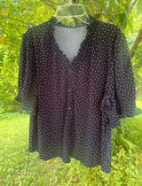 Adrianna Papell navy Blue with White Polka Dot Ruffle V-Neck Blouse Photo 0