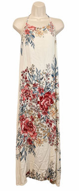 Billabong XS San Sebonne Floral Halter Maxi Dress Ivory Pink Crinkle Open Back Photo 0