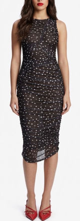 Bardot Felicia Spot Mesh Midi Dress Black‎ Polka Dot Ruched Sleeveless US 4 NEW Photo 0