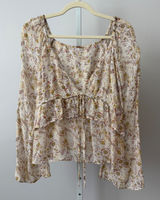 Free People Boho Flowy Beachy Peasant Fairy Bell Sleeve Floral Blouse S Cream Photo 0