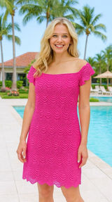 Lilly Pulitzer‎ Jade Pink Tropics scalloped shell lace dress Size S off shoulder Photo 0