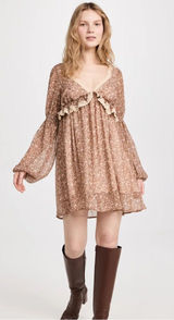 Free People Pennie Babydoll Chiffon Floral Ruffle Trim Long Sleeve Dress Small S Photo 0