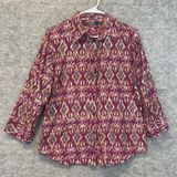 LAUREN RALPH‎ LAUREN Silk Blend Blouse Ikat Print Button Front Purple Medium Top Photo 0