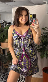 ICE V-Neck Paisley Satin Slip Mini Dress Purple Y2k Photo 0