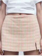 NEW Zara Pink & Green Plaid Tweed Gingham Mini Skort Size Small Photo 0
