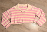 Blu Pepper Pink‎ Stripe Collared Crop Sweatshirt Pullover Womens Large L Photo 0