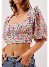 For Love & Lemons Multi Color Floral Claude Puff Sleeve Crop Top Size XS Photo 0