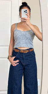 Zara Grey Cropped Minimal Tank Top Fuzzy Sweetheart neckline Size M Photo 0