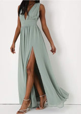 Lulus NWOT Heavenly Hues Sage Green Brush Woven Chiffon V-Neck Maxi Dress Large Photo 0