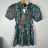 NEW Sugarlips Green Red Floral A-Line Dress Size Large Puff Sleeve V-Neck Cotton Photo 0